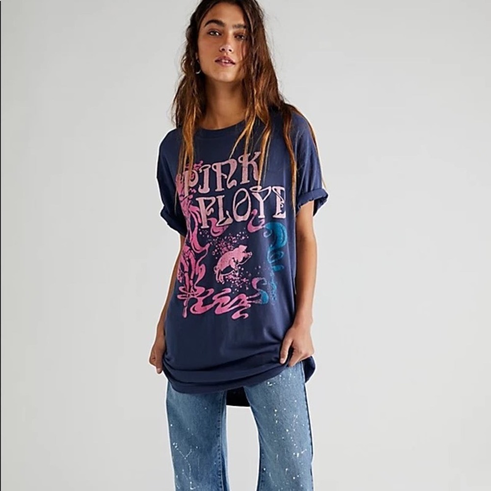 FREE PEOPLE NWOT Pink Floyd Tee Dress Daydreamer Oversized Band Tee XS Navy Blue